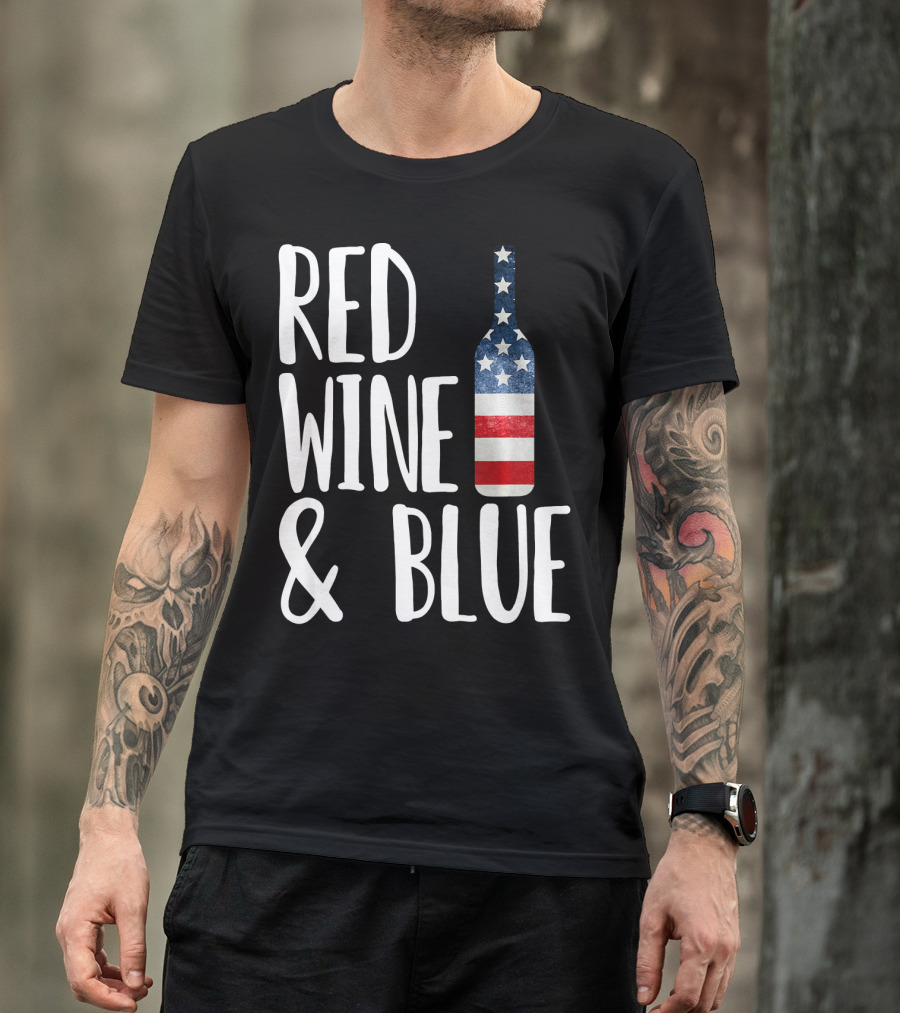Red Wine And Blue Bottle USA Flag T-Shirt