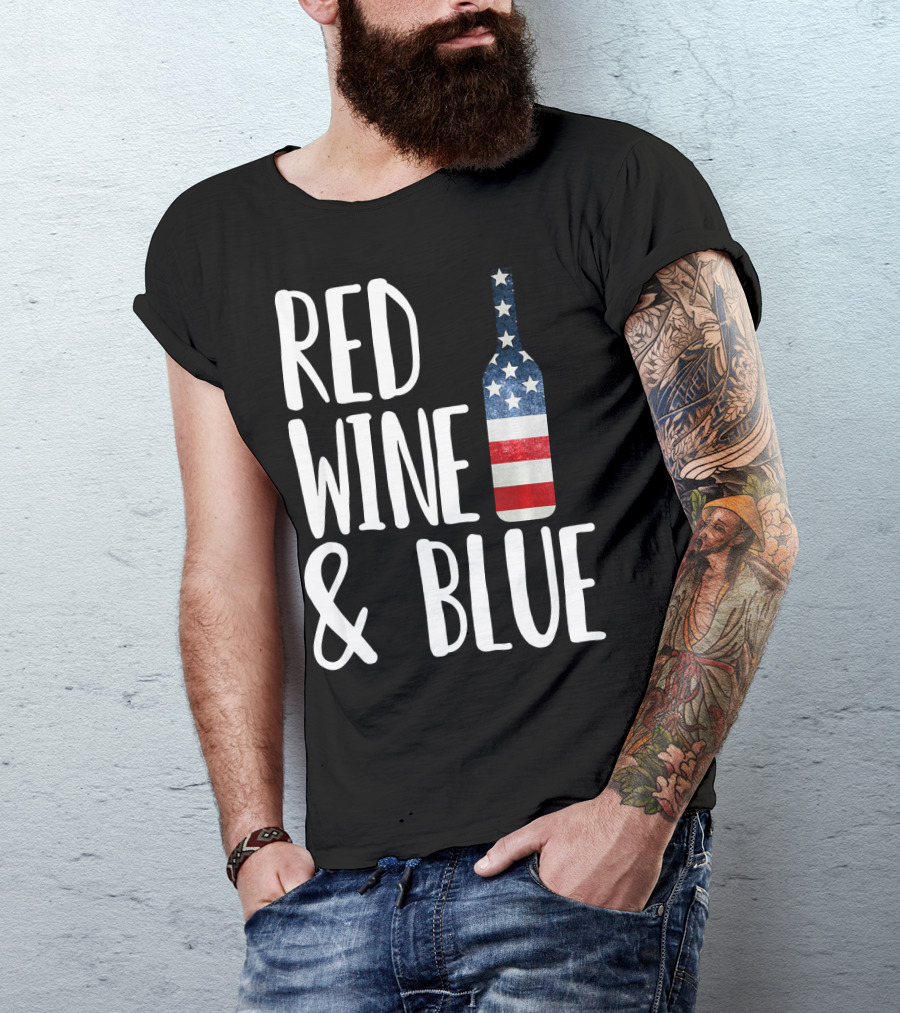 Red Wine And Blue Bottle USA Flag T-Shirt