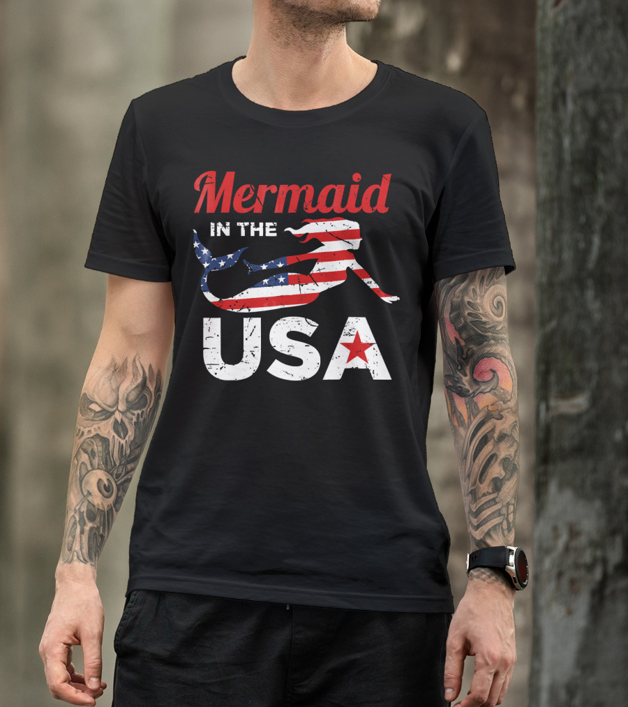 Mermaid In The USA American Flag T-Shirt