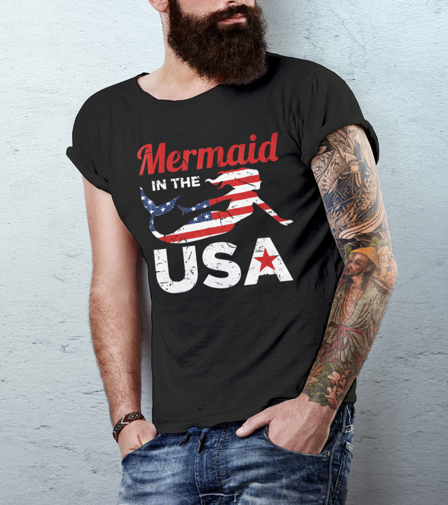 Mermaid In The USA American Flag T-Shirt