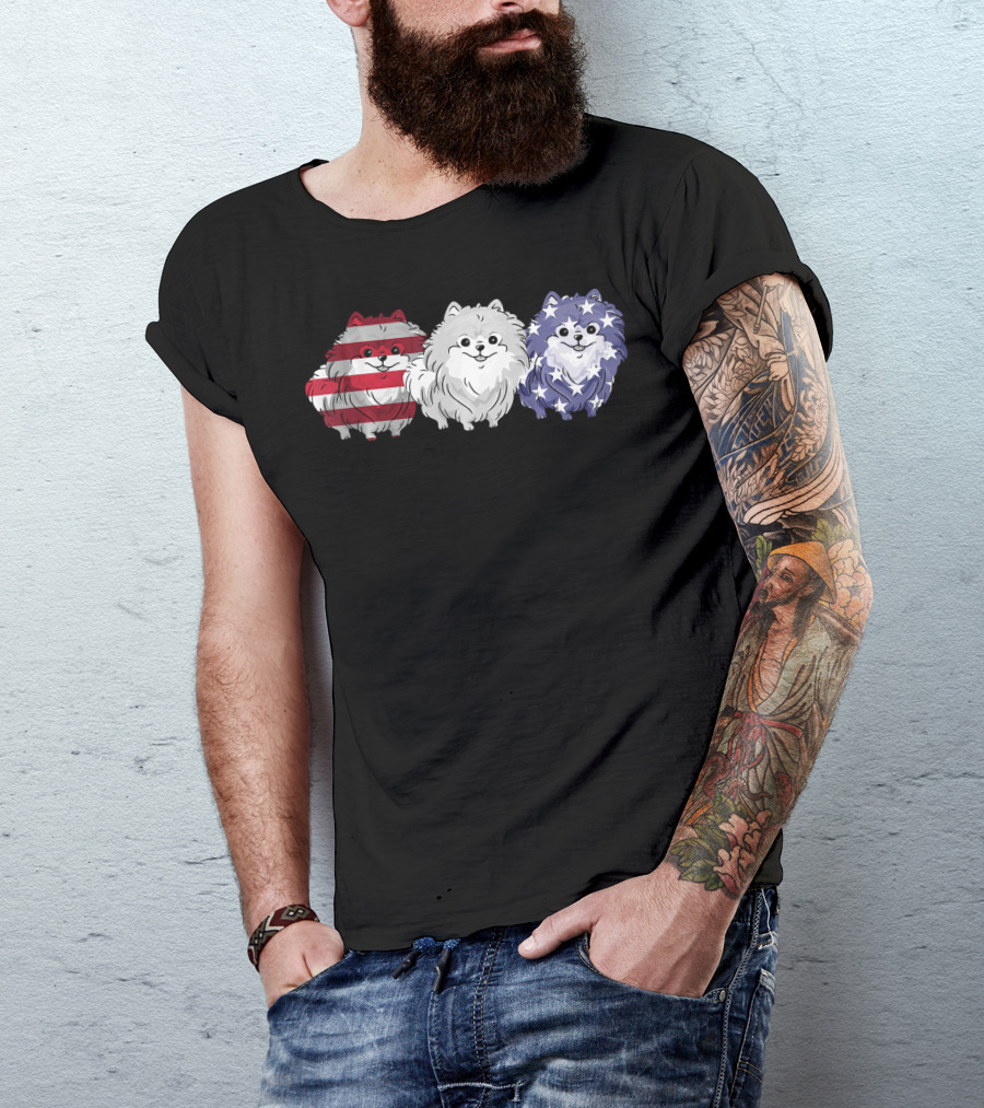 Patriotic Pomeranian Dog Lover American Flag Trio T-Shirt