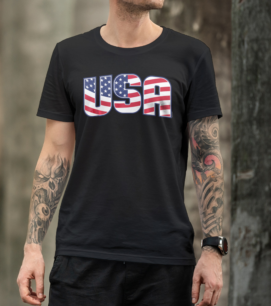 USA Flag Stars And Stripes Lettering T-Shirt