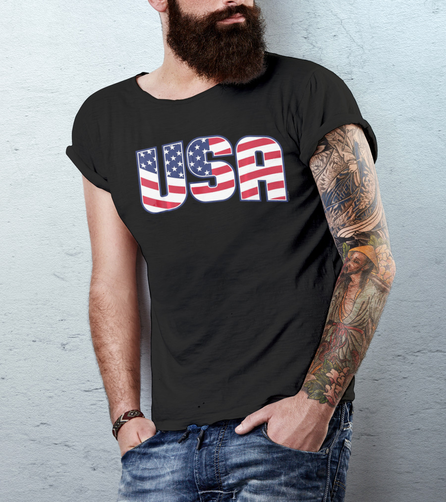 USA Flag Stars And Stripes Lettering T-Shirt