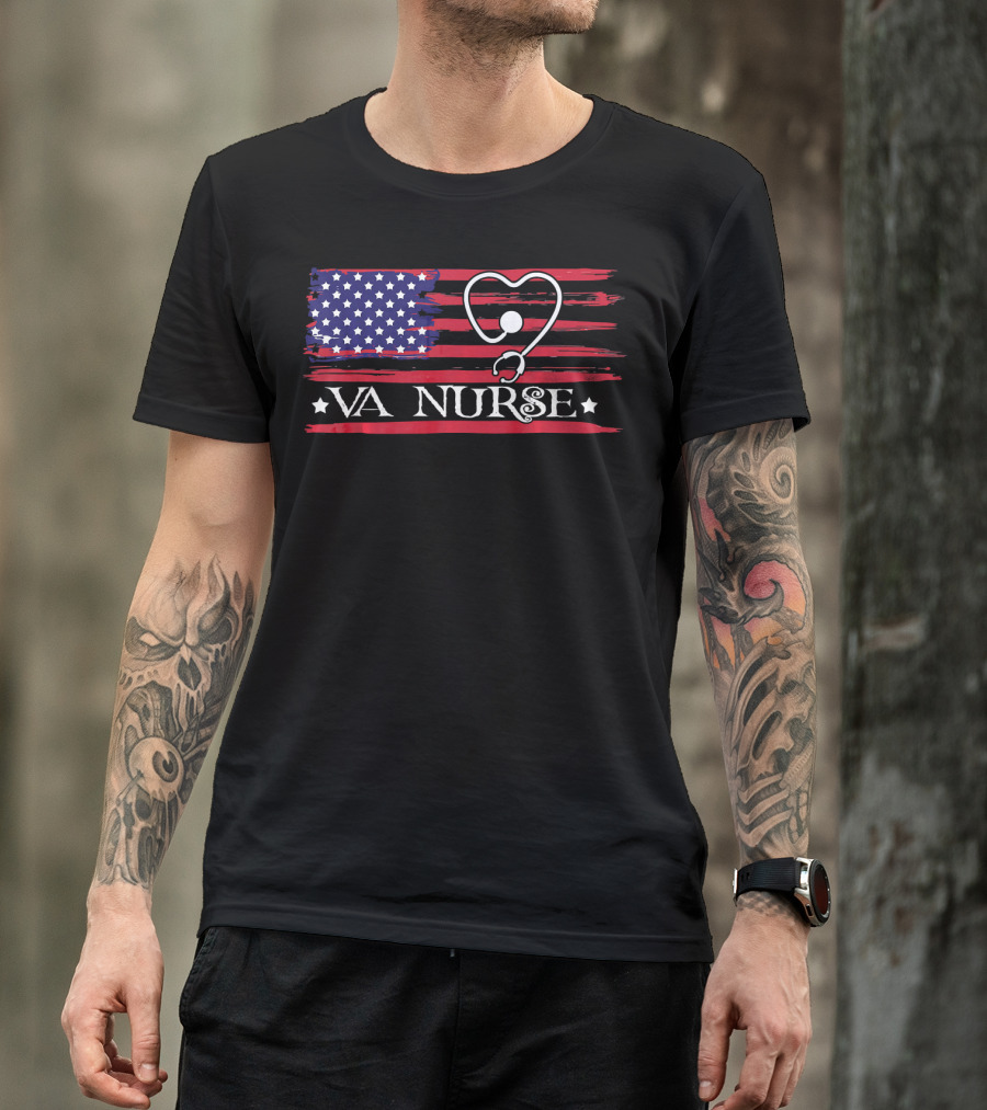 American Flag VA Nurse Heart Stethoscope Patriotic T-Shirt