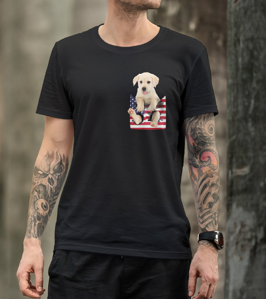 Labrador Puppy Sitting In American Flag Pocket T-Shirt