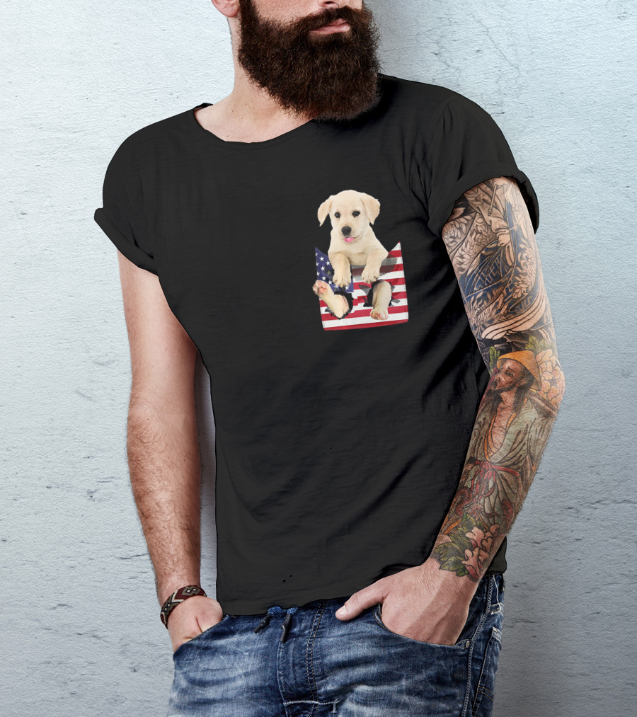 Labrador Puppy Sitting In American Flag Pocket T-Shirt