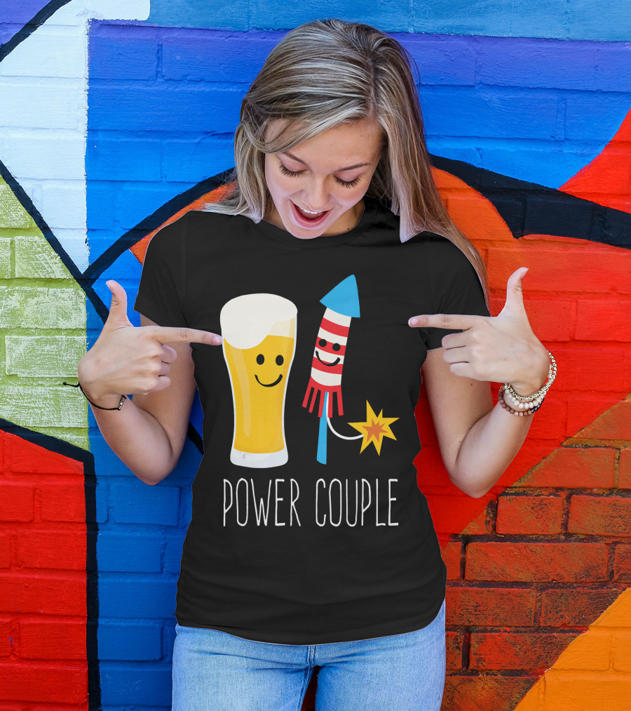 Beer And Fireworks Power Couple Smiling Glass And Rocket T-Shirt