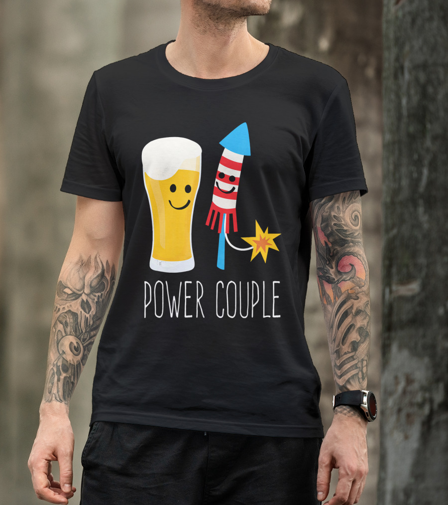 Beer And Fireworks Power Couple Smiling Glass And Rocket T-Shirt