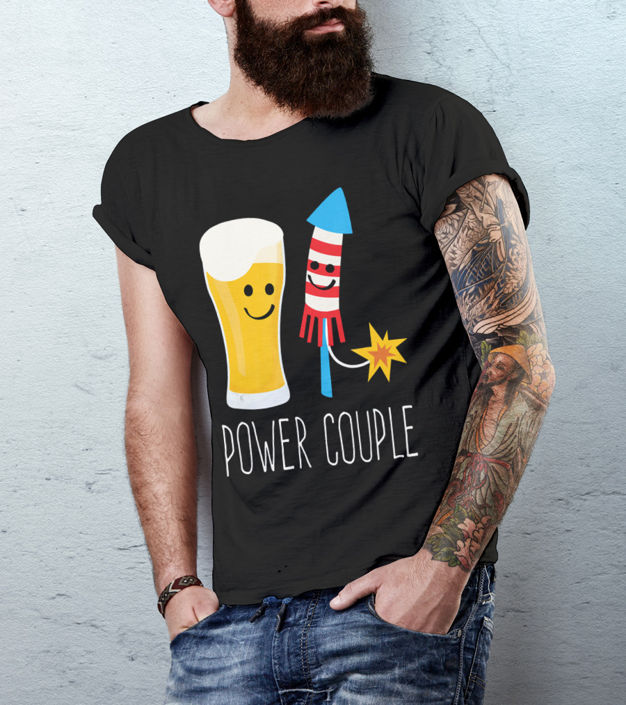 Beer And Fireworks Power Couple Smiling Glass And Rocket T-Shirt