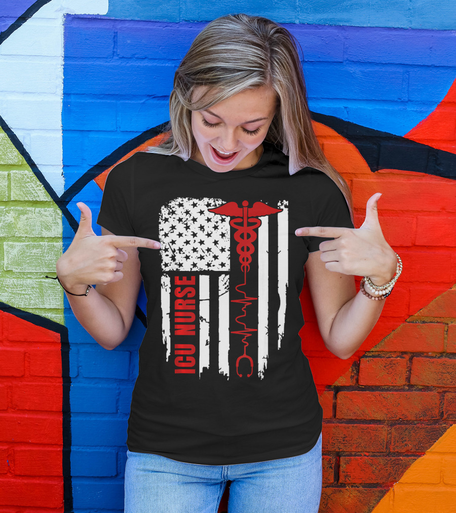 ICU Nurse American Flag Caduceus Heartbeat T-Shirt