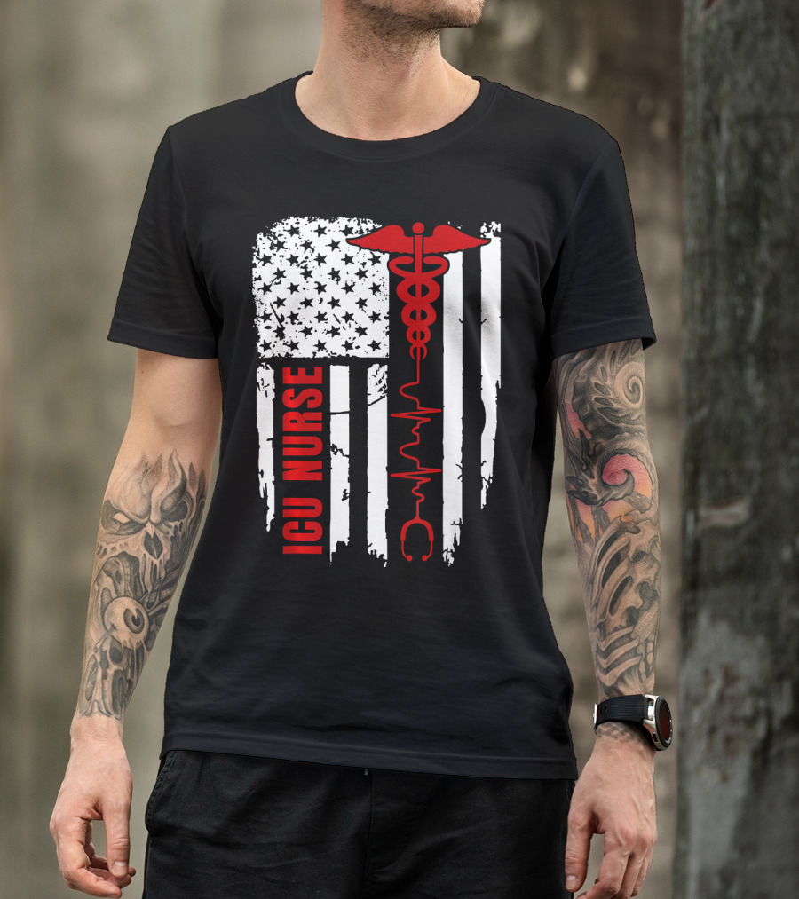 ICU Nurse American Flag Caduceus Heartbeat T-Shirt