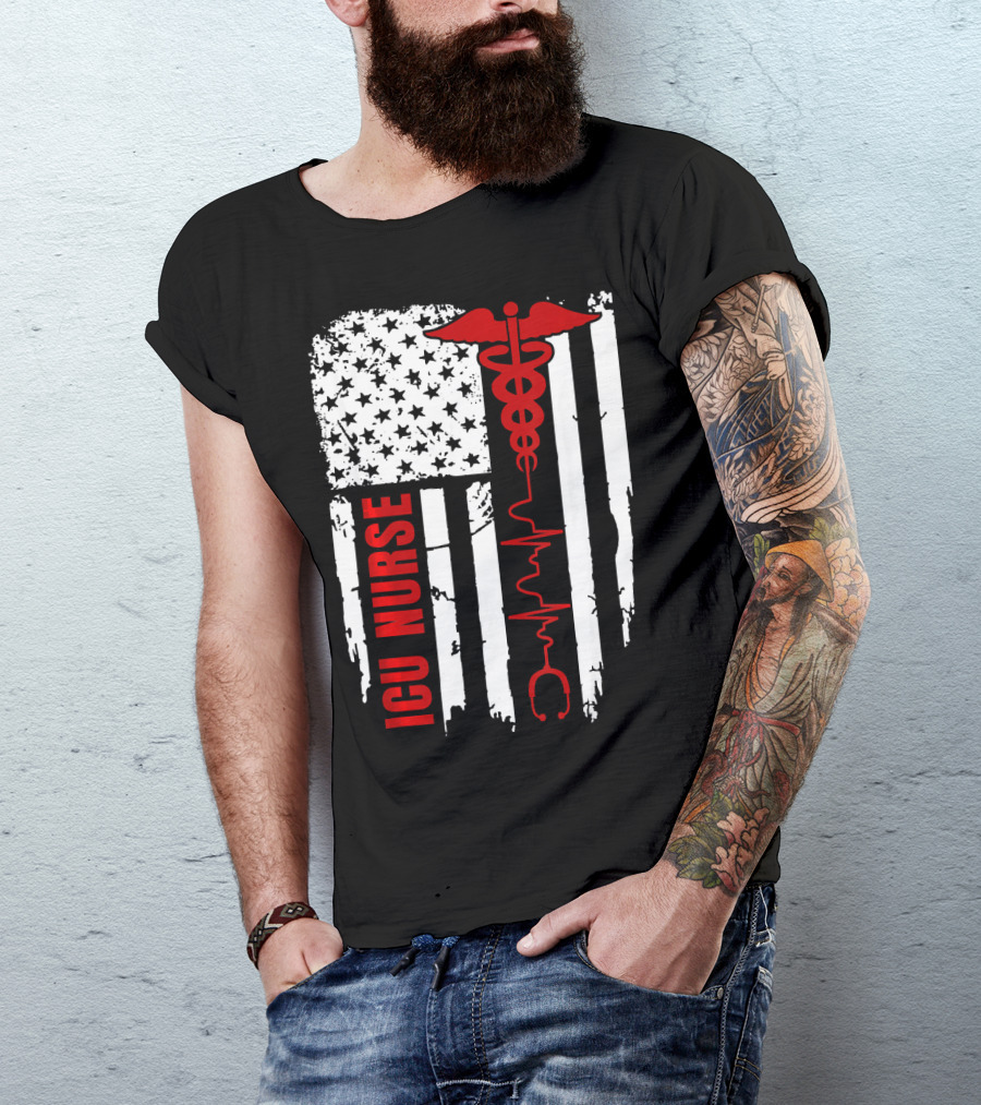 ICU Nurse American Flag Caduceus Heartbeat T-Shirt
