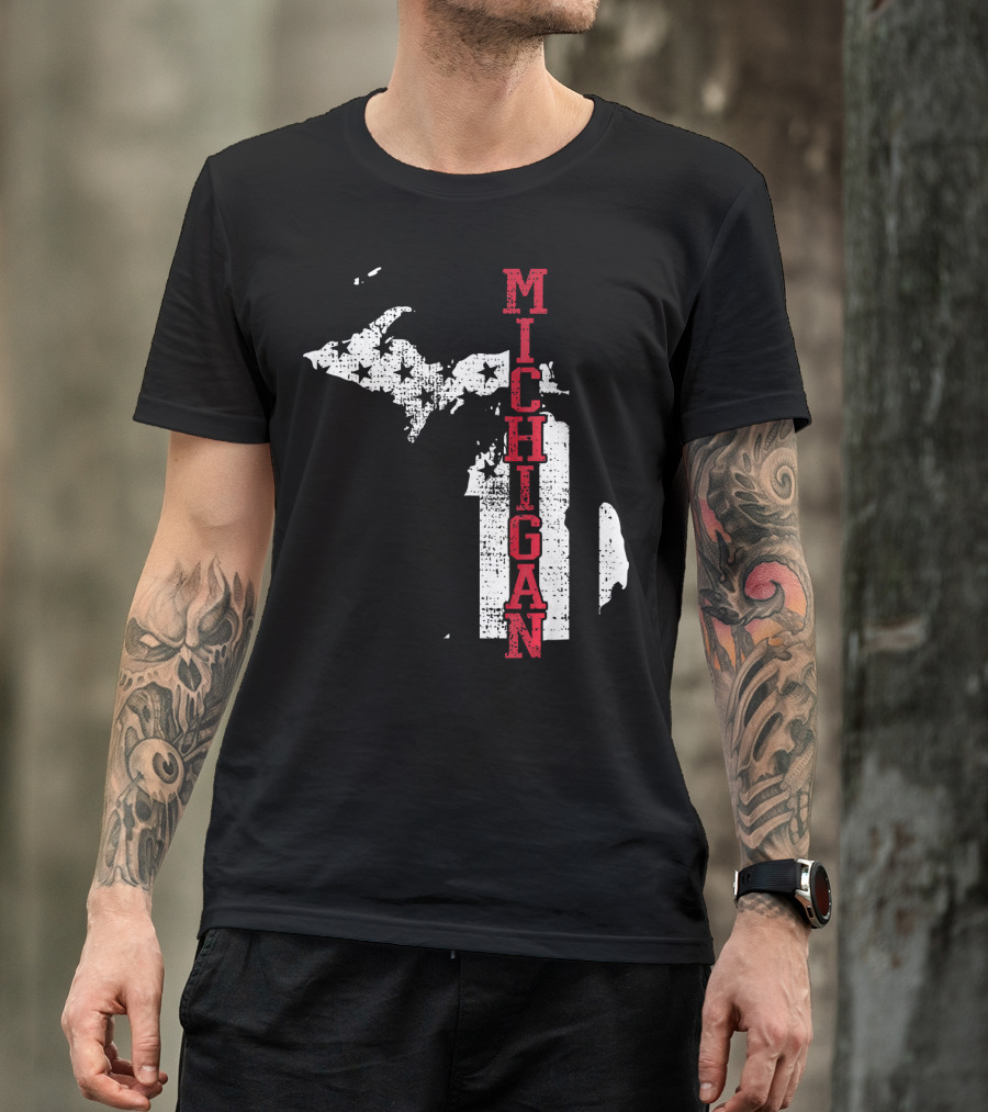 Michigan State Vintage USA Flag Patriotic Map T-Shirt
