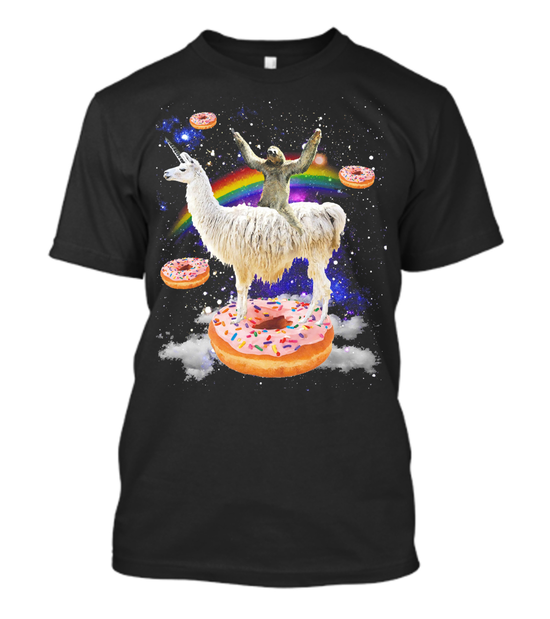 Space Adventure Sloth On Unicorn Llama With Floating Donuts And Rainbow T-Shirt