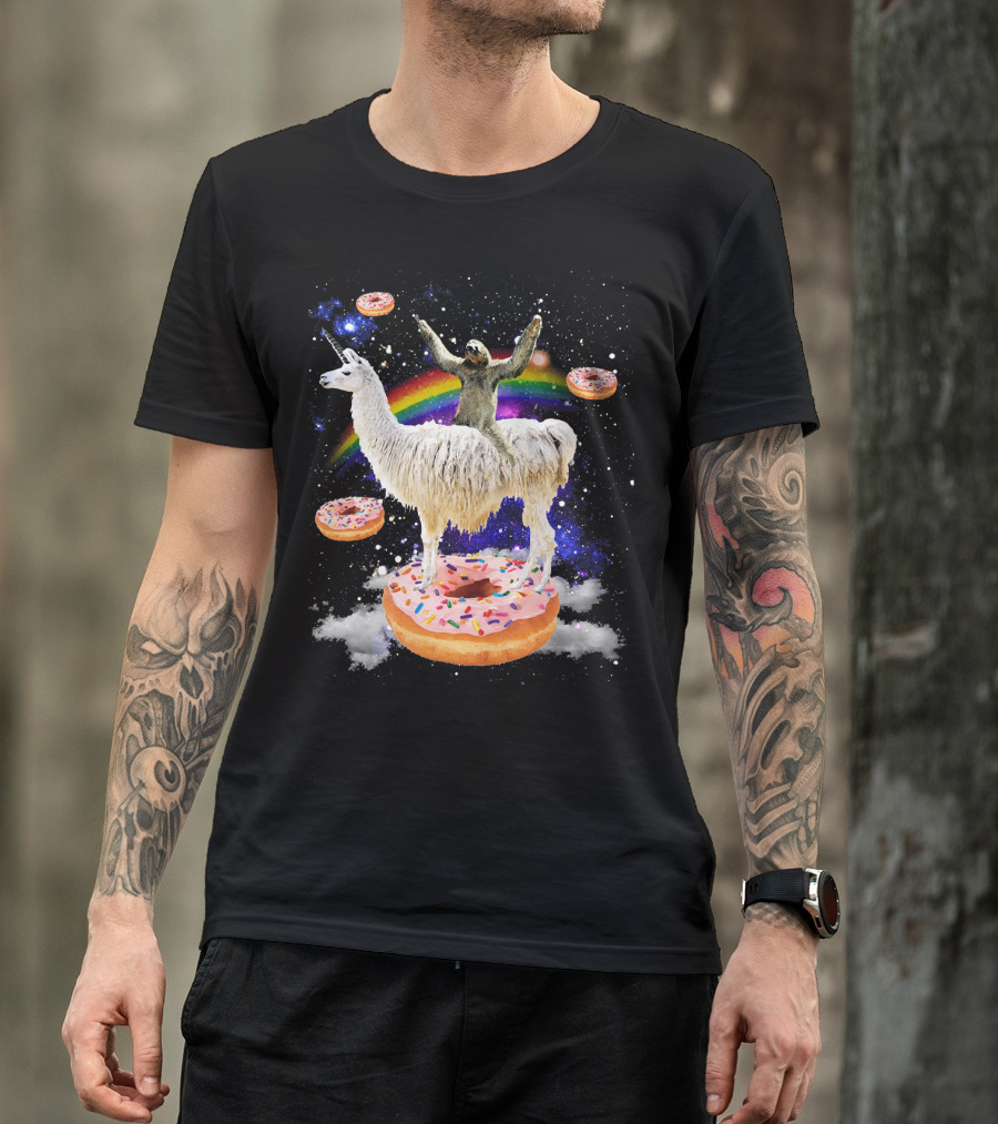 Space Adventure Sloth On Unicorn Llama With Floating Donuts And Rainbow T-Shirt