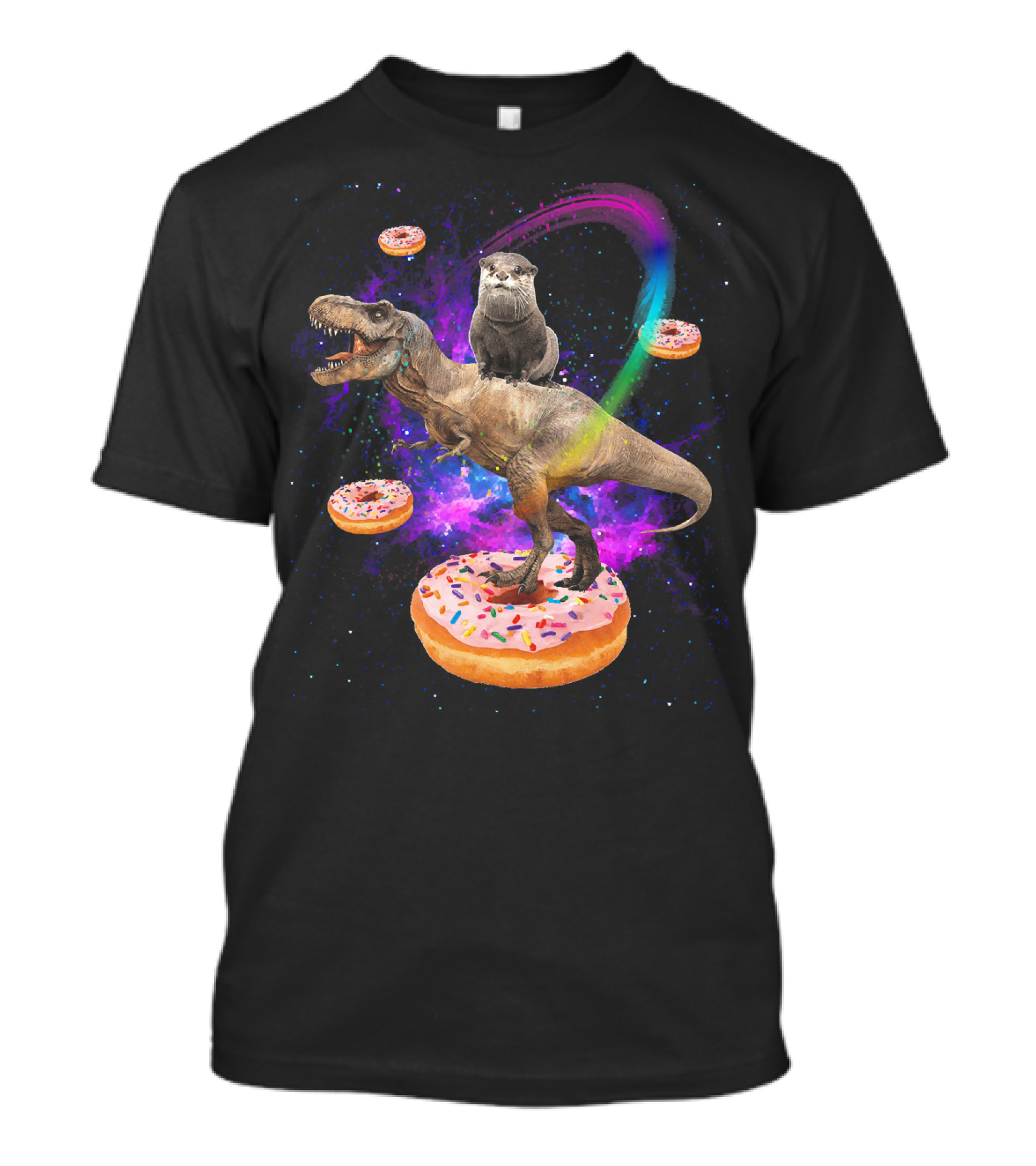 Space Otter On Dinosaur In Galaxy With Donuts T-Shirt