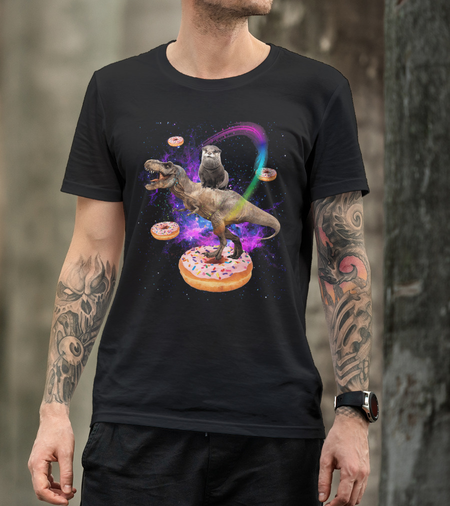 Space Otter On Dinosaur In Galaxy With Donuts T-Shirt