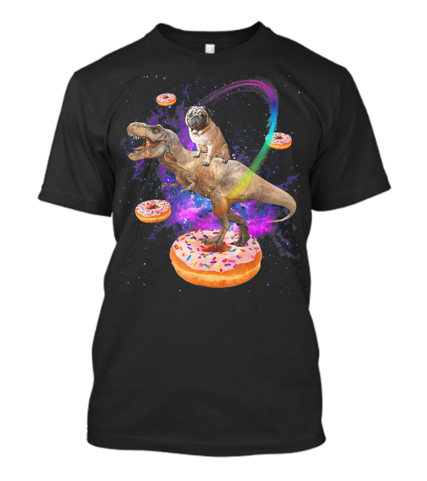 Space Pug Riding Dinosaur T-Rex With Donuts And Galactic Background T-Shirt