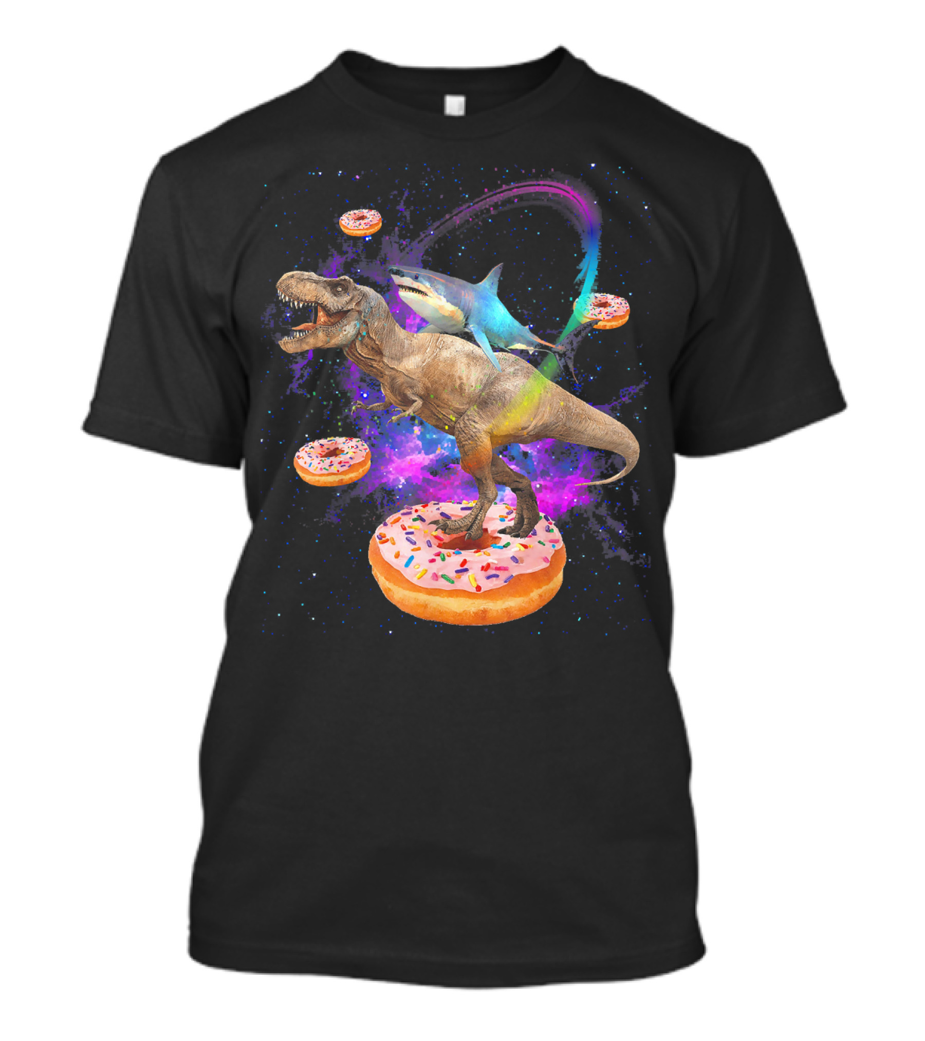 Space Shark And T-Rex Riding On Glazed Donut Galaxy T-Shirt