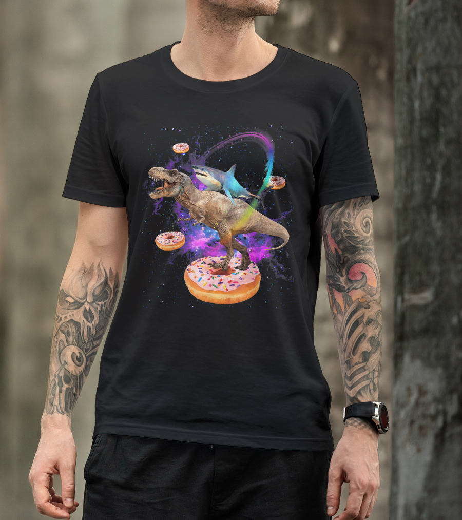 Space Shark And T-Rex Riding On Glazed Donut Galaxy T-Shirt