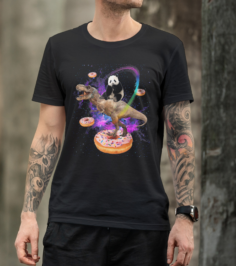Space Panda Riding T-Rex On Sprinkled Donuts In Galaxy T-Shirt