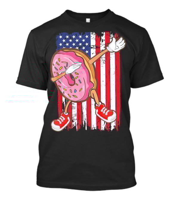 Dabbing American USA Strawberry Frosted Donut On Flag Background T-Shirt
