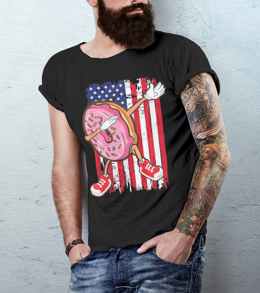 Dabbing American USA Strawberry Frosted Donut On Flag Background T-Shirt