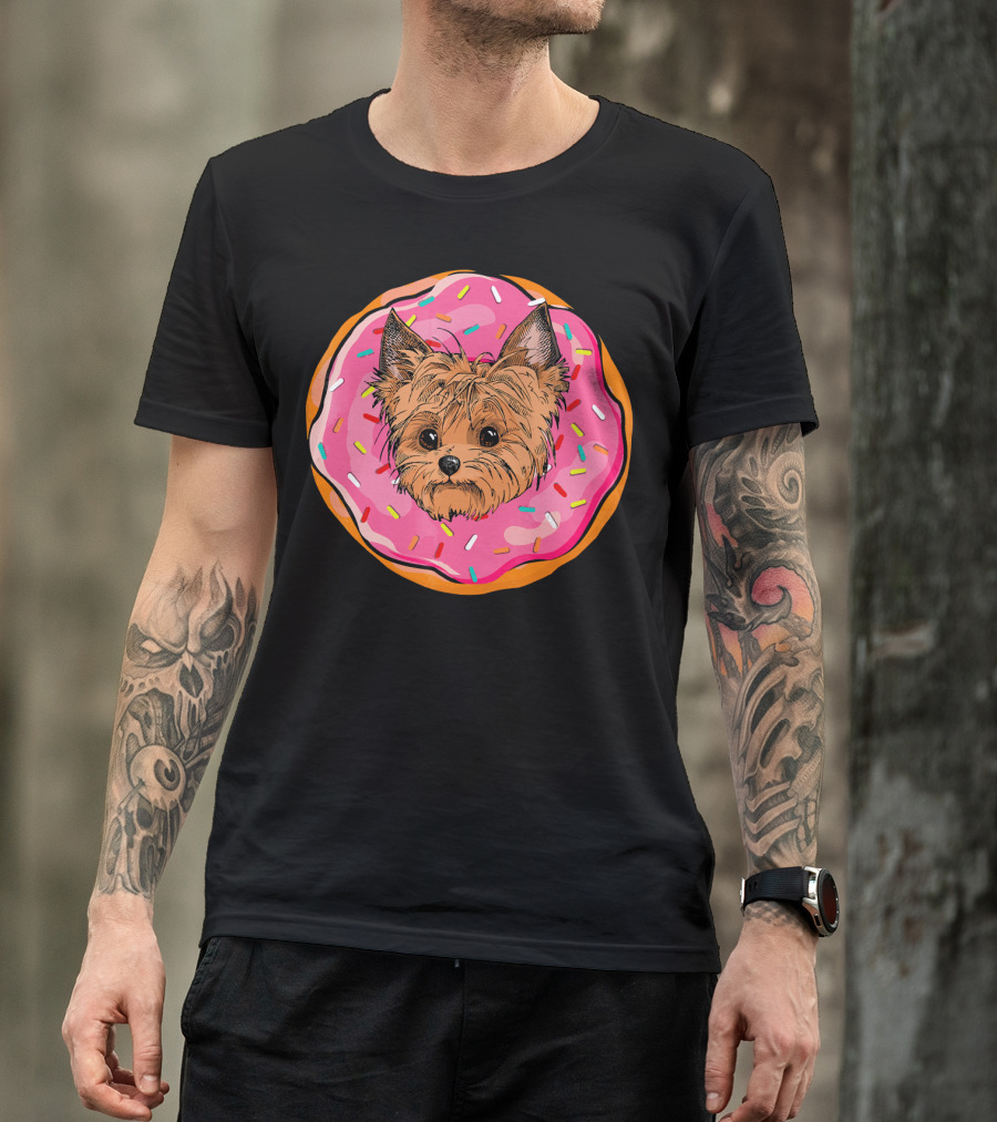 Funny Donut Dog Face Yorkie Yorkie Donut Sprinkles T-Shirt
