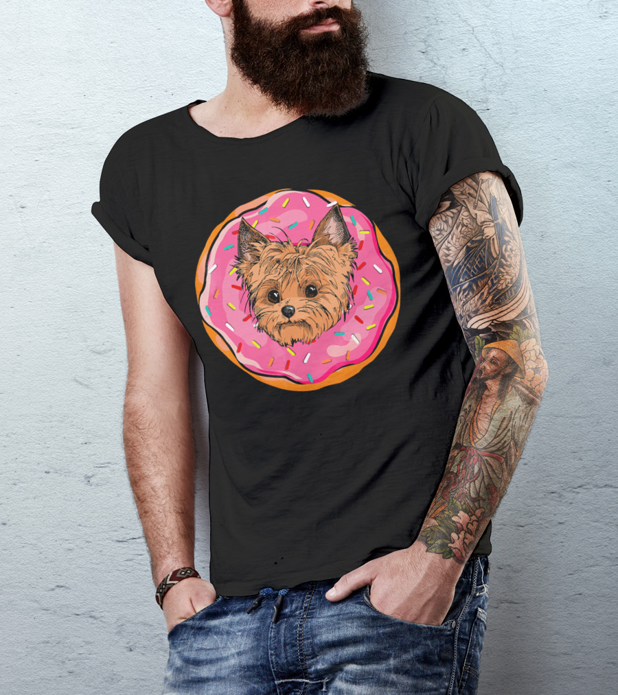 Funny Donut Dog Face Yorkie Yorkie Donut Sprinkles T-Shirt