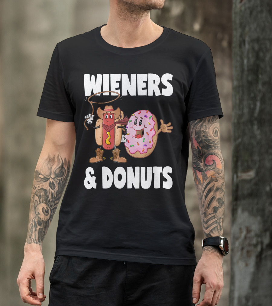 WIENERS And DONUTS Funny Vintage Hot Dog Cowboy And Happy Donut With Sprinkles T-Shirt