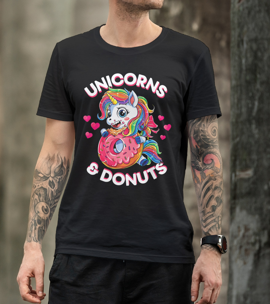 UNICORNS And DONUTS Rainbow Unicorn Eating Donut Surrounded By Hearts T-Shirt