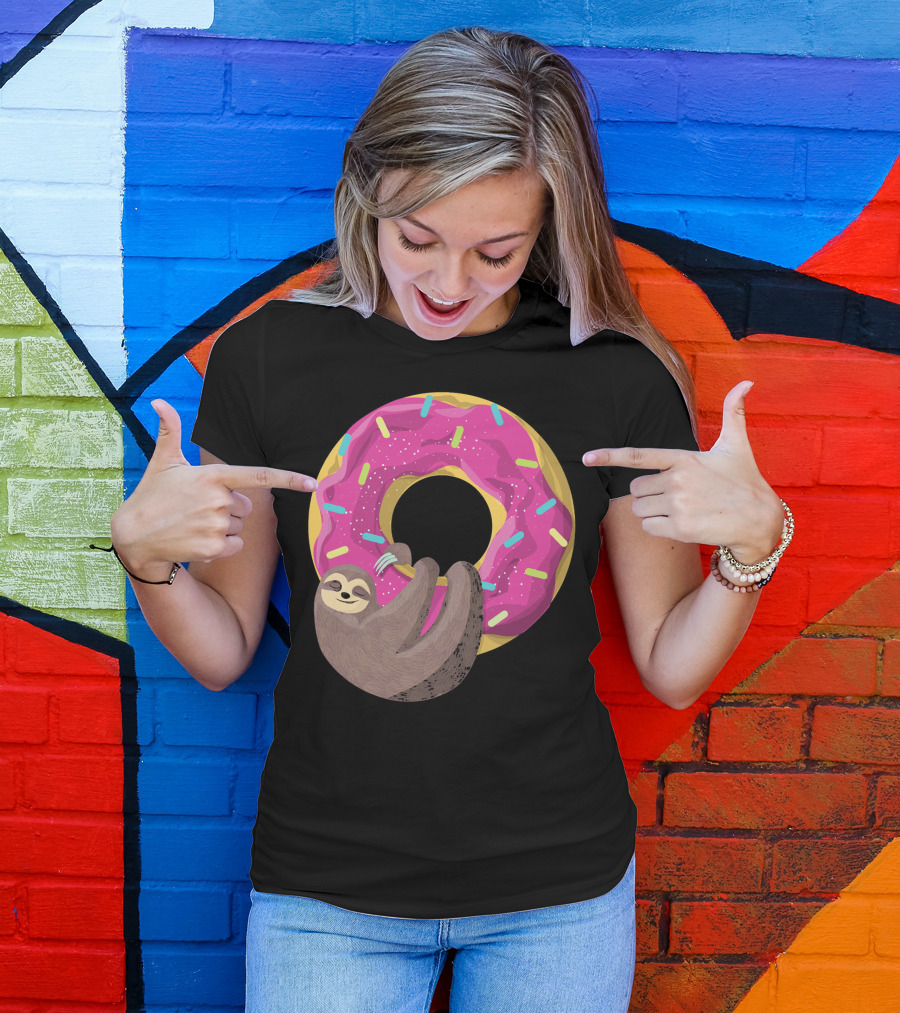 Sloth Hugging Pink Sprinkled Donut T-Shirt