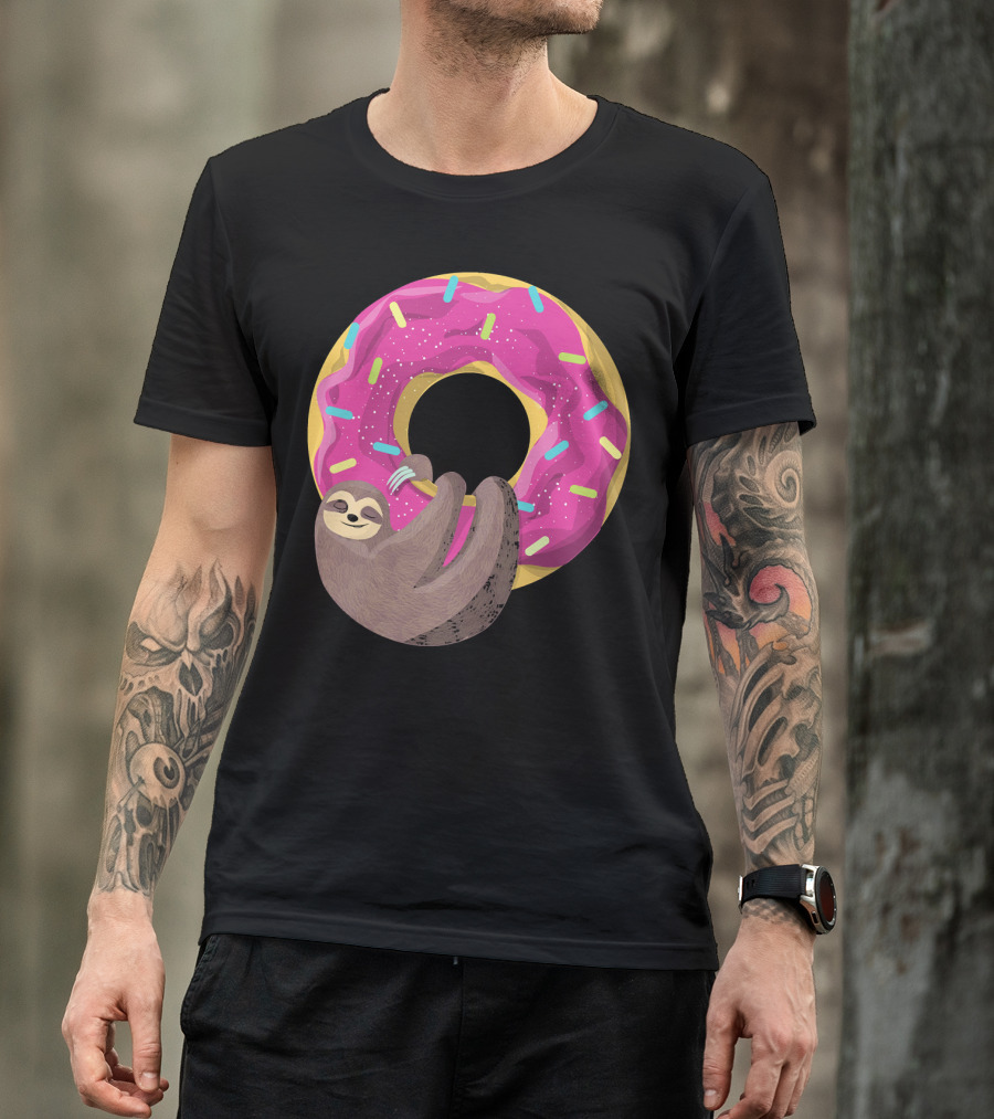 Sloth Hugging Pink Sprinkled Donut T-Shirt