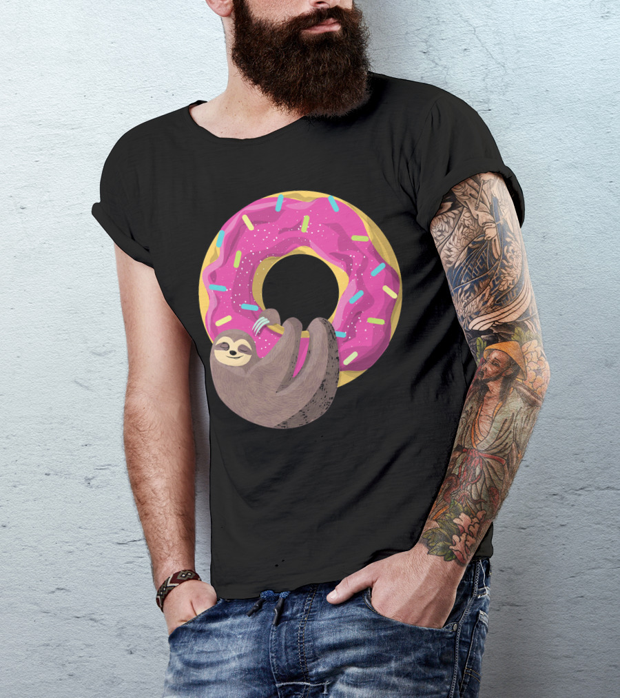 Sloth Hugging Pink Sprinkled Donut T-Shirt