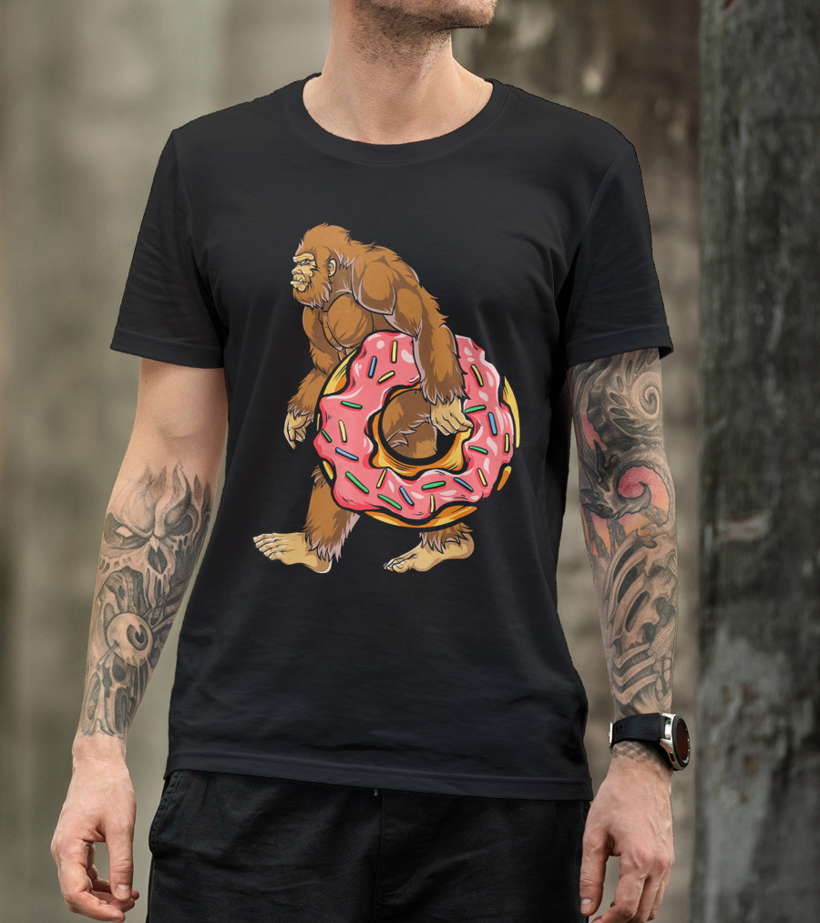 Bigfoot Sasquatch Holding Sprinkled Donut T-Shirt