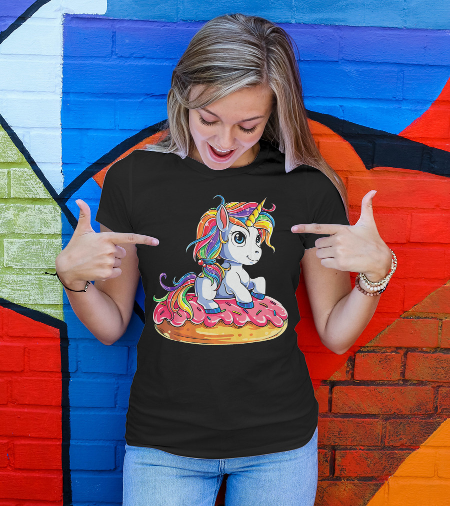 Rainbow Unicorn Sitting On Donut Girls Kids T-Shirt