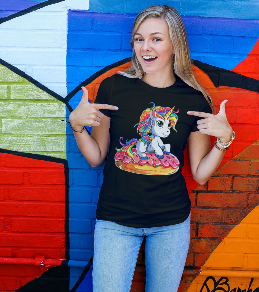 Rainbow Unicorn Sitting On Donut Girls Kids T-Shirt