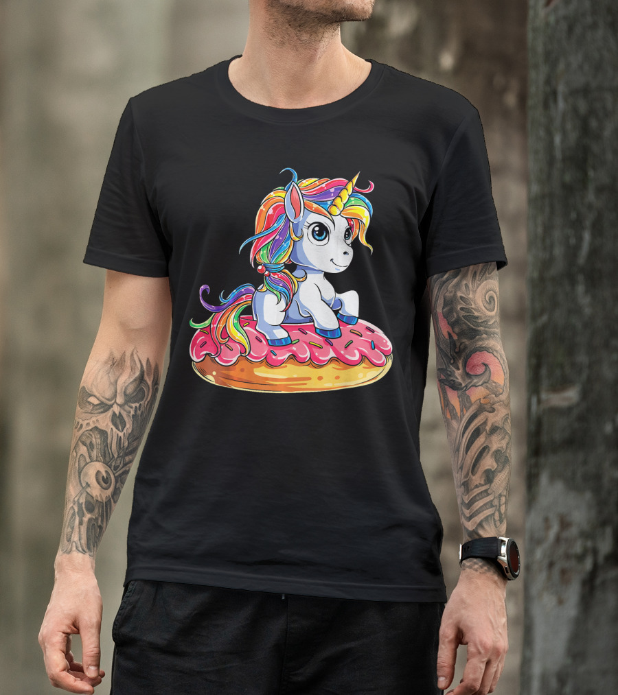 Rainbow Unicorn Sitting On Donut Girls Kids T-Shirt