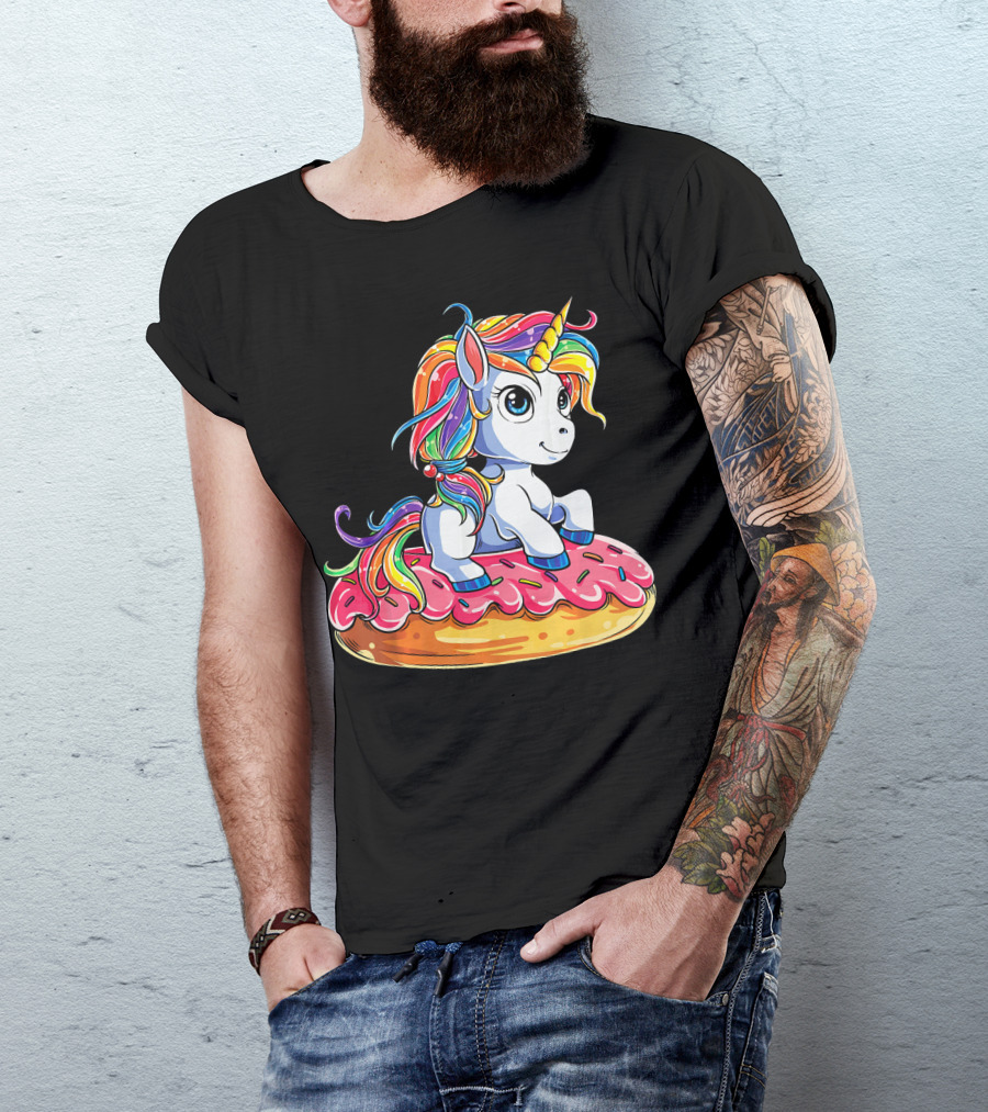 Rainbow Unicorn Sitting On Donut Girls Kids T-Shirt