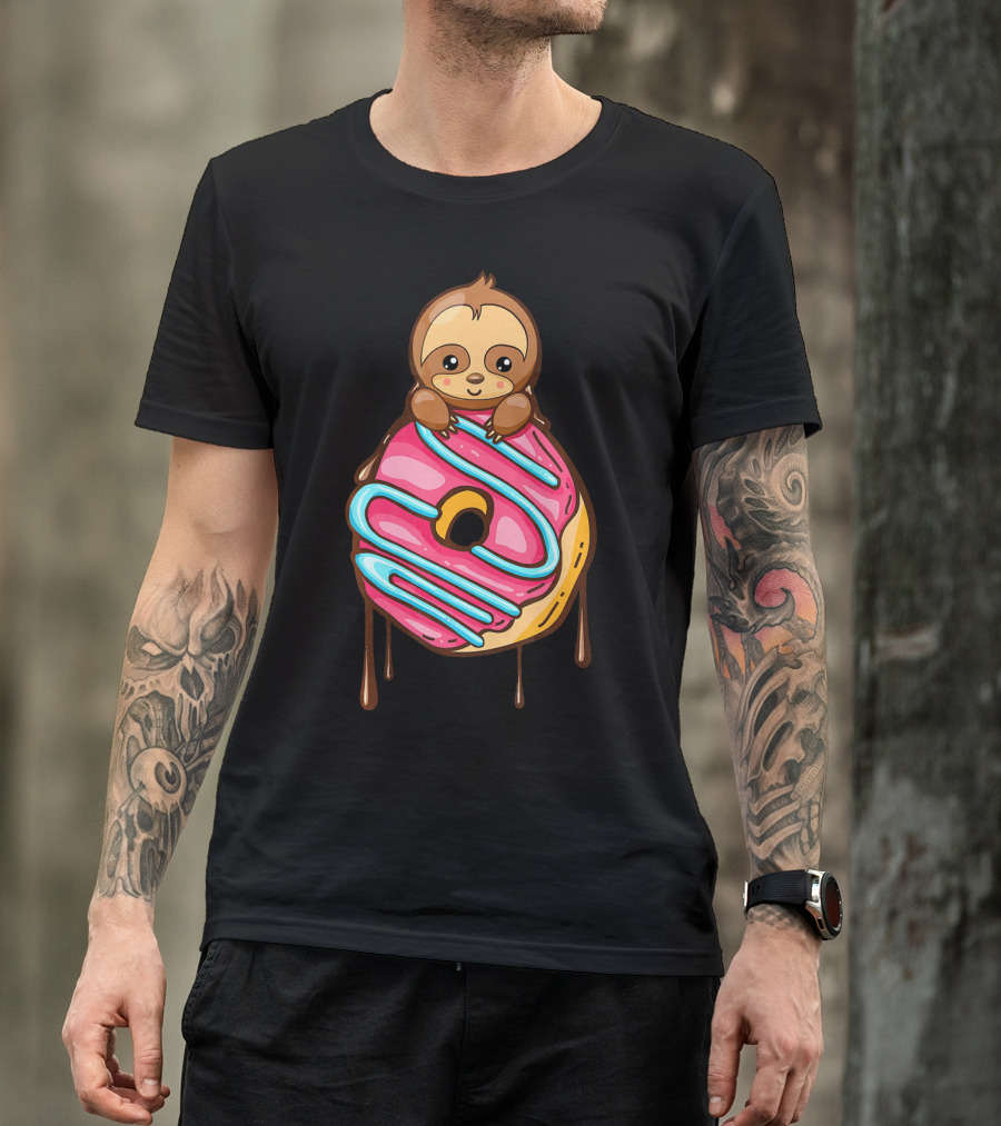 Cute Sloth And Pink Frosted Donut Lover T-Shirt