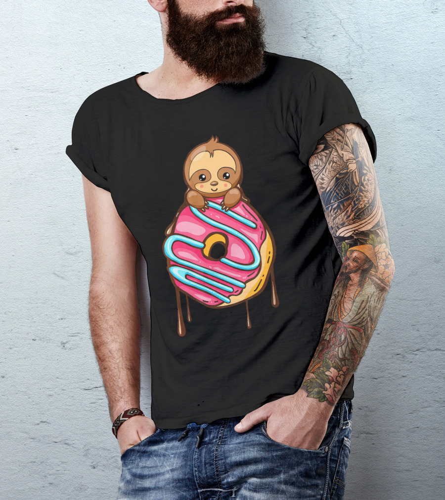 Cute Sloth And Pink Frosted Donut Lover T-Shirt