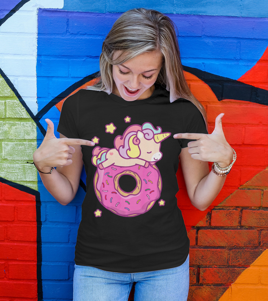 Cute Unicorn Donut Girls Kids Donut Day Sleepy Starry Sprinkle Delight T-Shirt