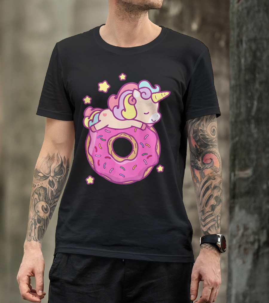 Cute Unicorn Donut Girls Kids Donut Day Sleepy Starry Sprinkle Delight T-Shirt