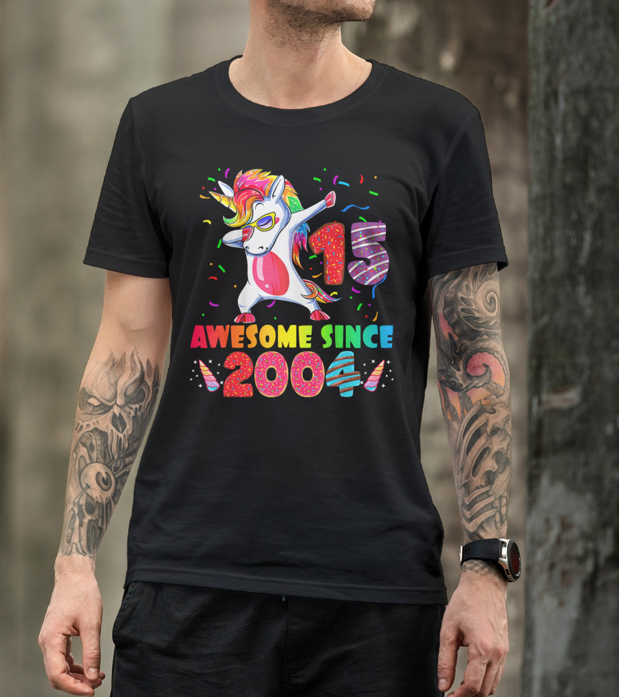 15 Awesome Dabbing Unicorn Donut Birthday 2004 T-Shirt