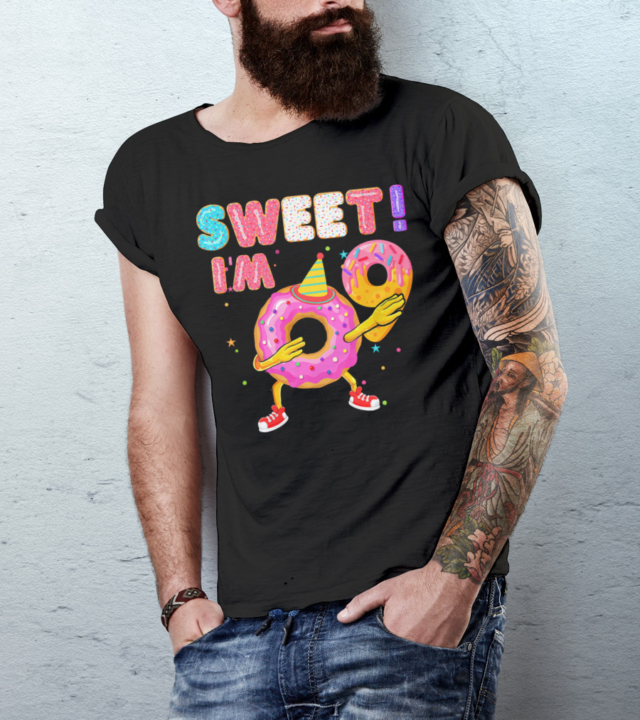 Sweet I'm 9 Years Old Birthday Donut With Sprinkles And Party Hat T-Shirt