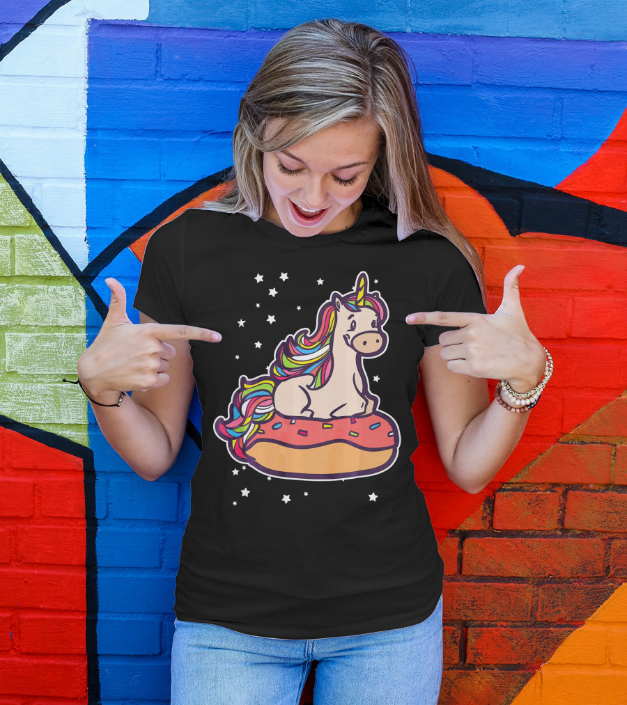 Rainbown Pastel Colors Unicorn Donut Fun With Stars T-Shirt