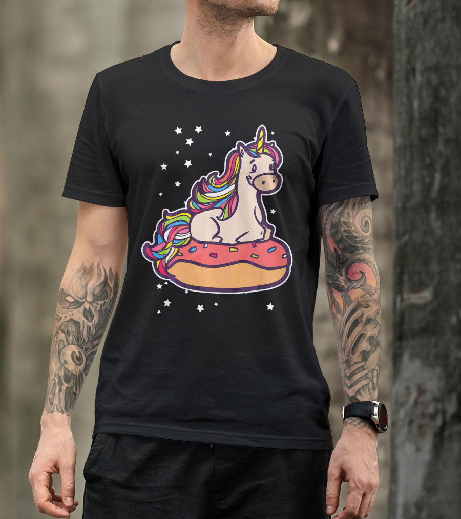 Rainbown Pastel Colors Unicorn Donut Fun With Stars T-Shirt