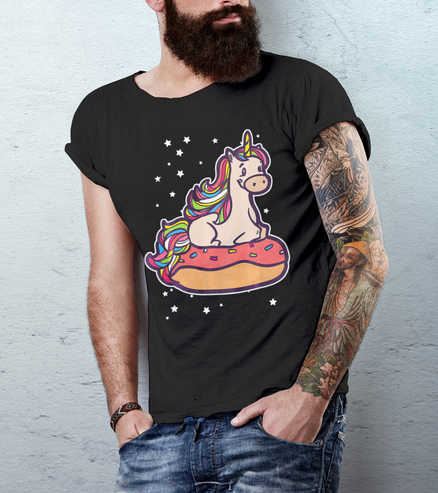 Rainbown Pastel Colors Unicorn Donut Fun With Stars T-Shirt