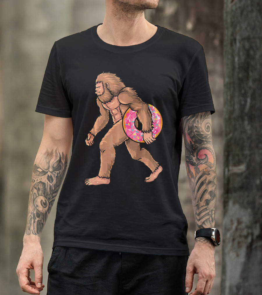 Bigfoot With Sprinkled Doughnut Walking Image T-Shirt