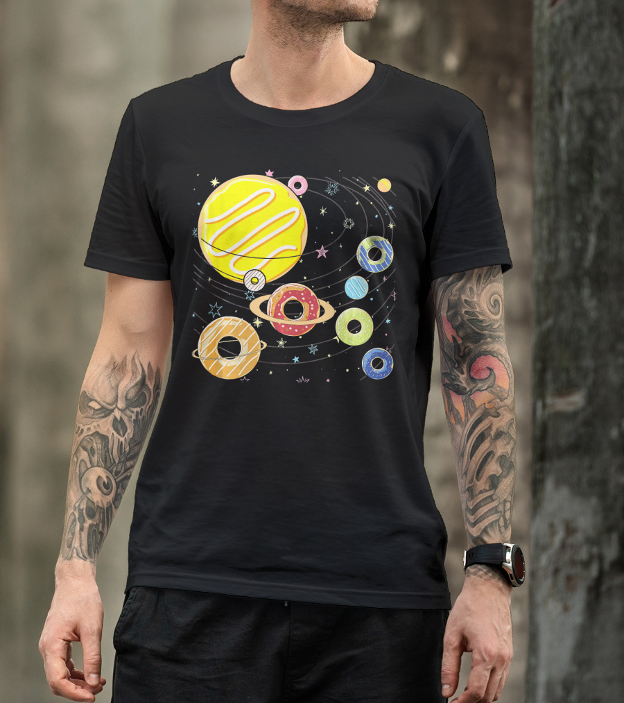 Galaxy Planets As Glazed Donuts Doughnuts With Stars T-Shirt